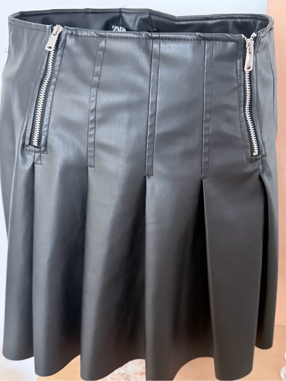 Zara Black Faux Leather Pleated Skater Skirt